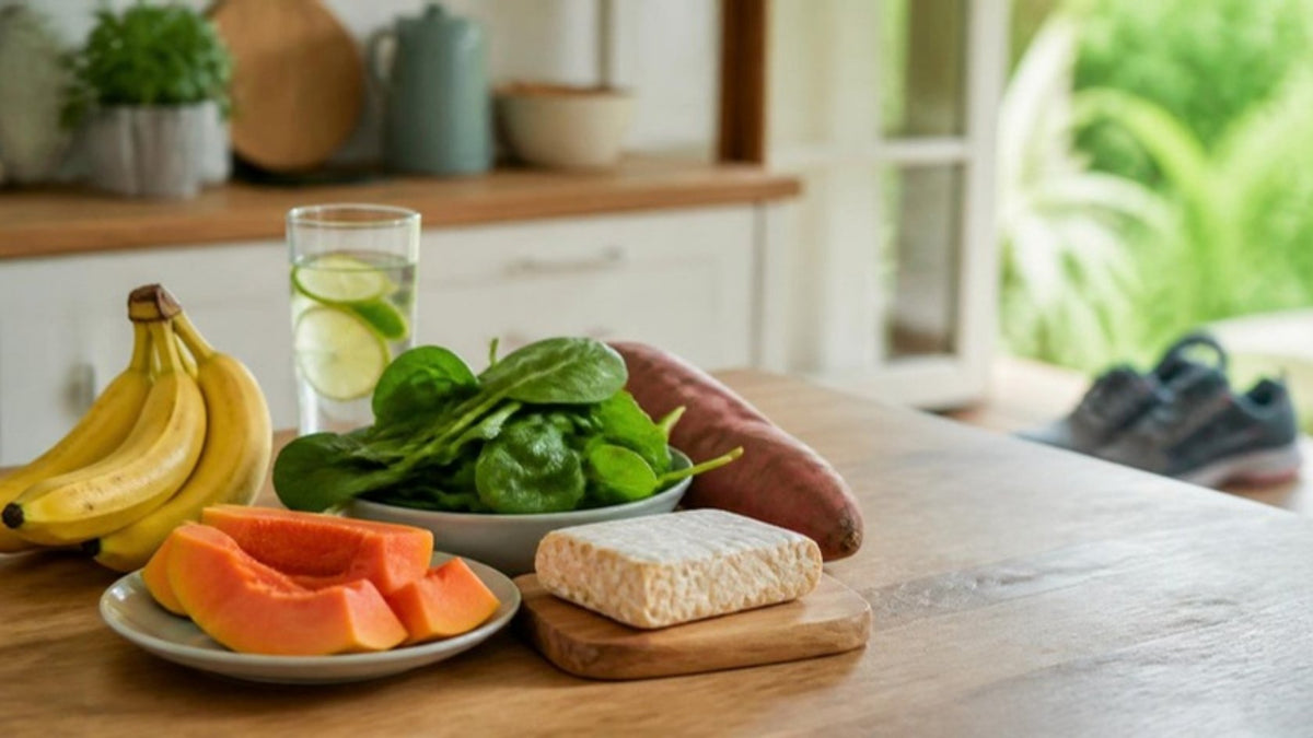 Bananas, papaya, spinach, sweet potato, tempeh and lime water on a kitchen counter to help lose water weight