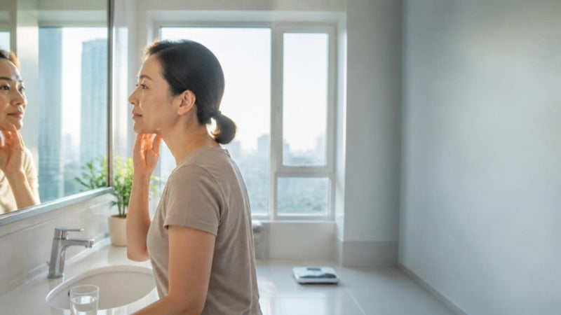 Woman checking her slightly puffy face in a bathroom mirror in the morning, a sign of water retention