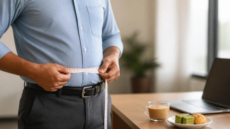 Malaysian office worker measuring his waist with a tape measure to check for belly fat