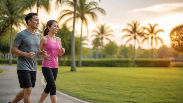 Malaysian couple brisk walking in a taman park at sunset, a simple way to lose belly fat