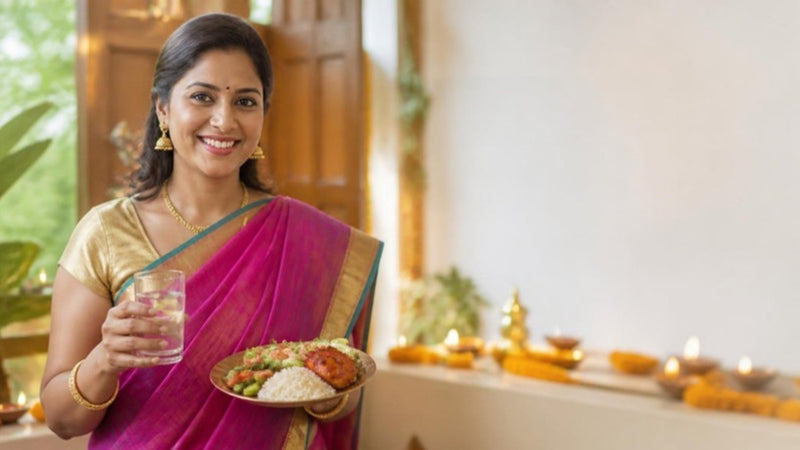 Malaysian woman at a Deepavali open house with a balanced plate and a glass of water, tips to avoid weight gain